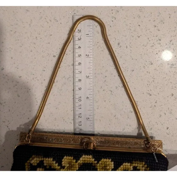 Vintage Floral Needlepoint Evening Bag Metal Frame Chain Strap etched clasp - Picture 10 of 16